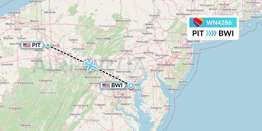 WN4286 Southwest Airlines Flight Map: Pittsburgh to Baltimore