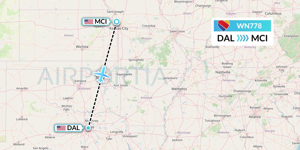 WN778 Southwest Airlines Flight Map: Dallas to Kansas City