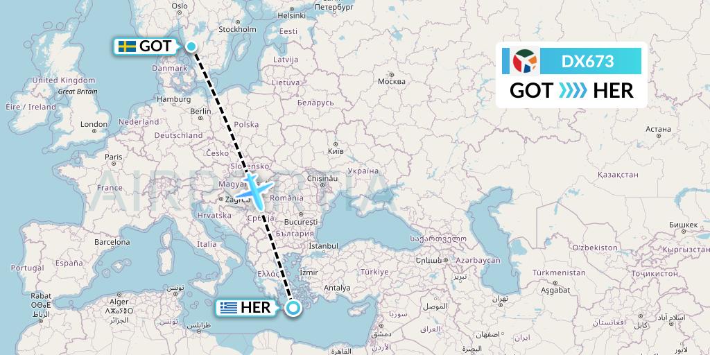 DX673 Danish Air Transport Flight Map: Gothenburg to Heraklion