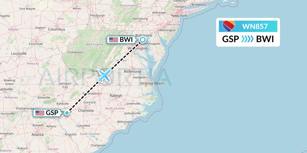 WN857 Southwest Airlines Flight Map: Greenville-Spartanburg to Baltimore
