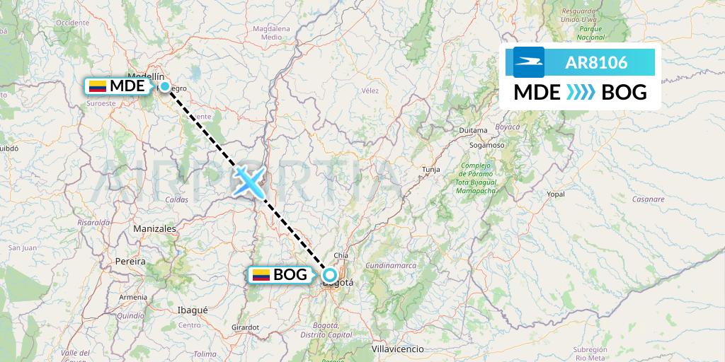 AR8106 Aerolineas Argentinas Flight Map: Medellin to Bogota