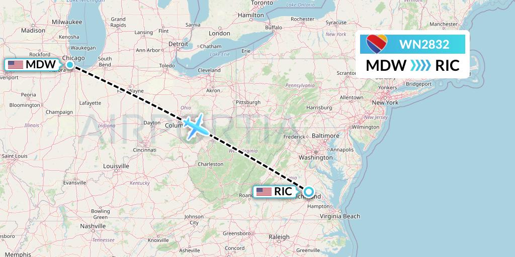 WN2832 Southwest Airlines Flight Map: Chicago to Richmond