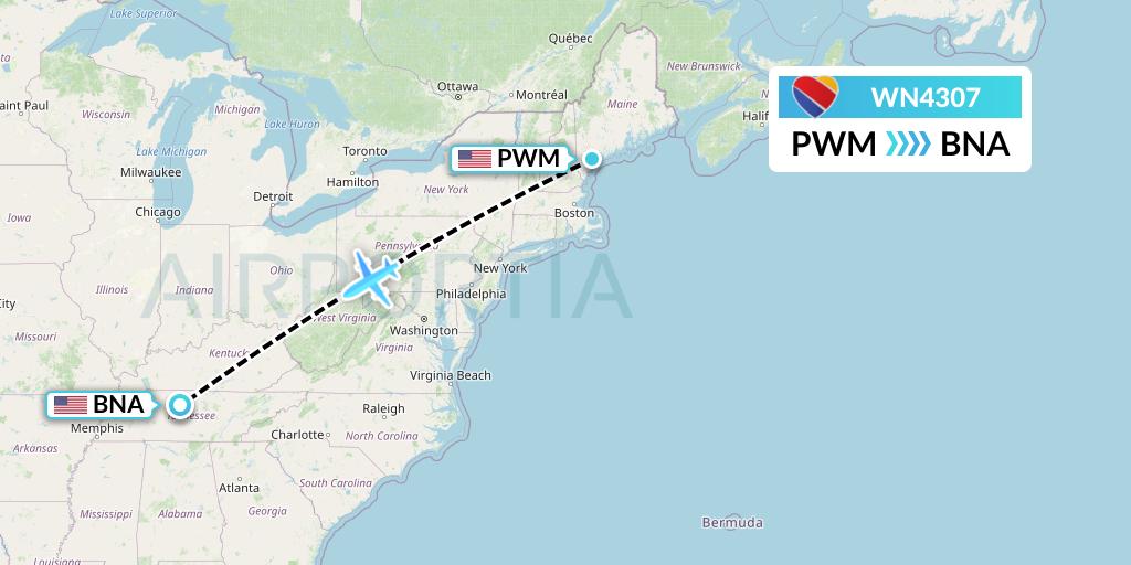 WN4307 Southwest Airlines Flight Map: Portland to Nashville