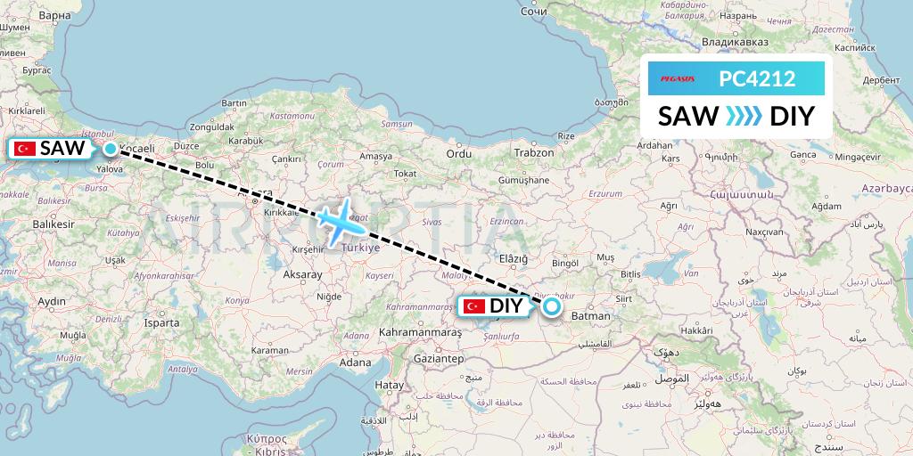 PC4212 Pegasus Airlines Flight Map: Istanbul to Diyarbakir