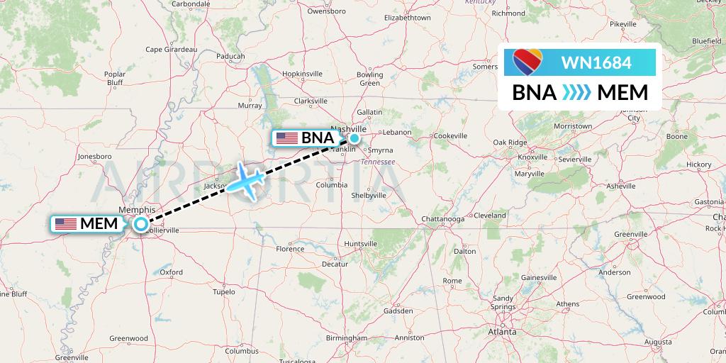 WN1684 Southwest Airlines Flight Map: Nashville to Memphis