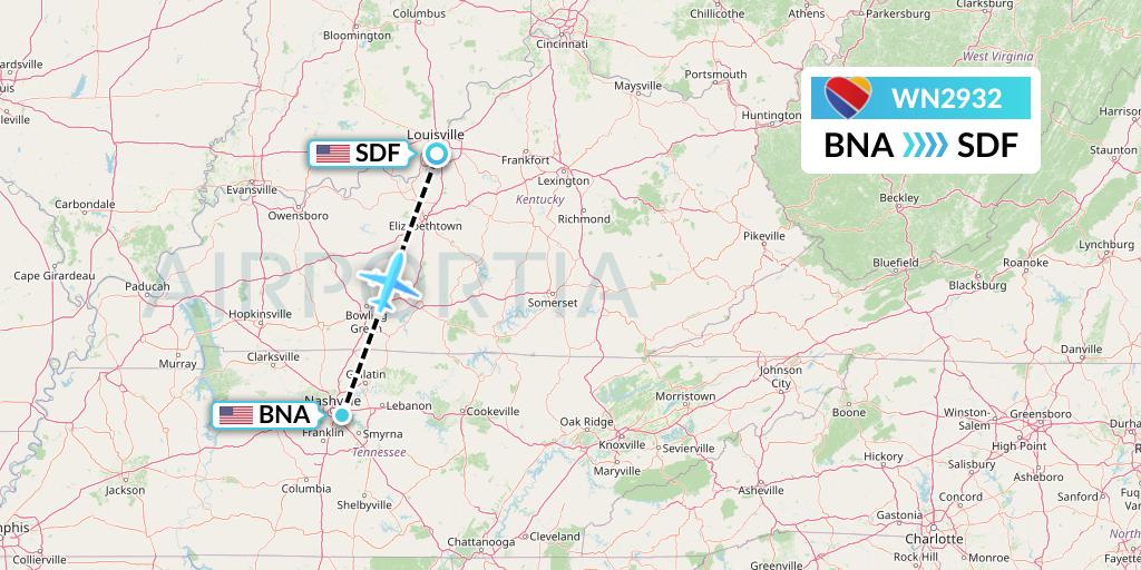 WN2932 Southwest Airlines Flight Map: Nashville to Louisville