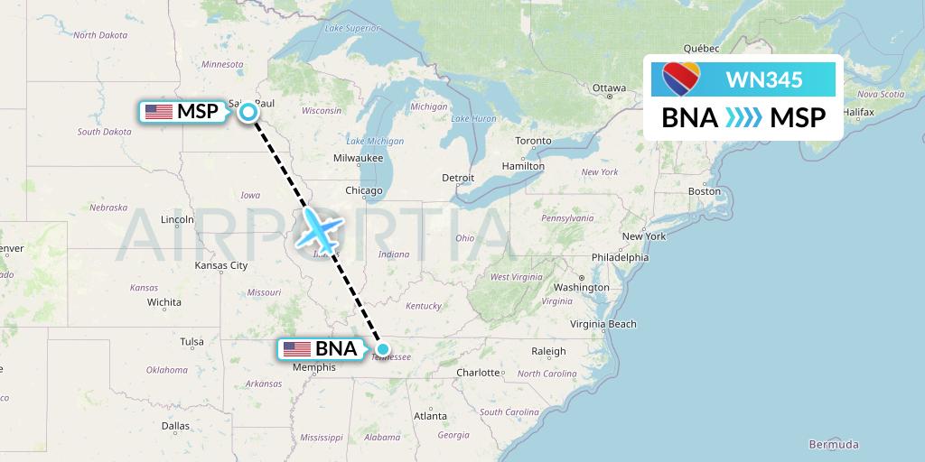 WN345 Southwest Airlines Flight Map: Nashville to Minneapolis