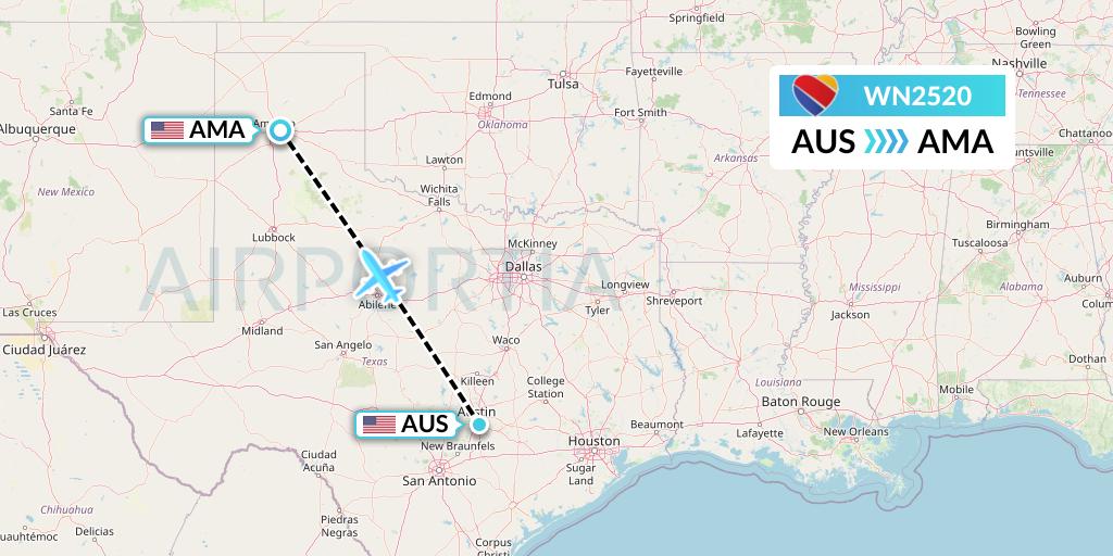 WN2520 Southwest Airlines Flight Map: Austin to Amarillo