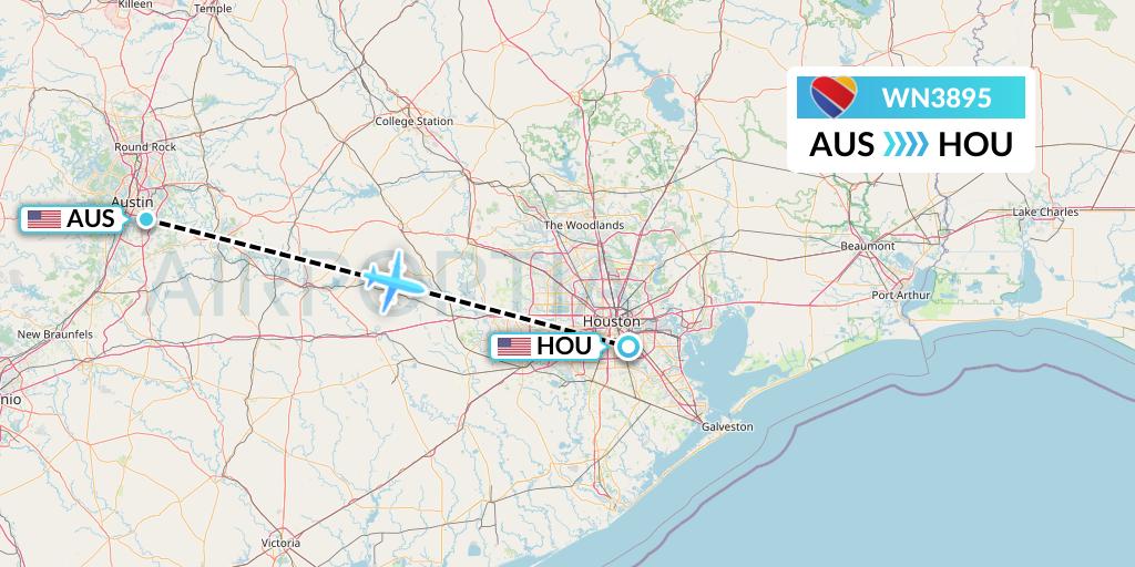 WN3895 Southwest Airlines Flight Map: Austin to Houston
