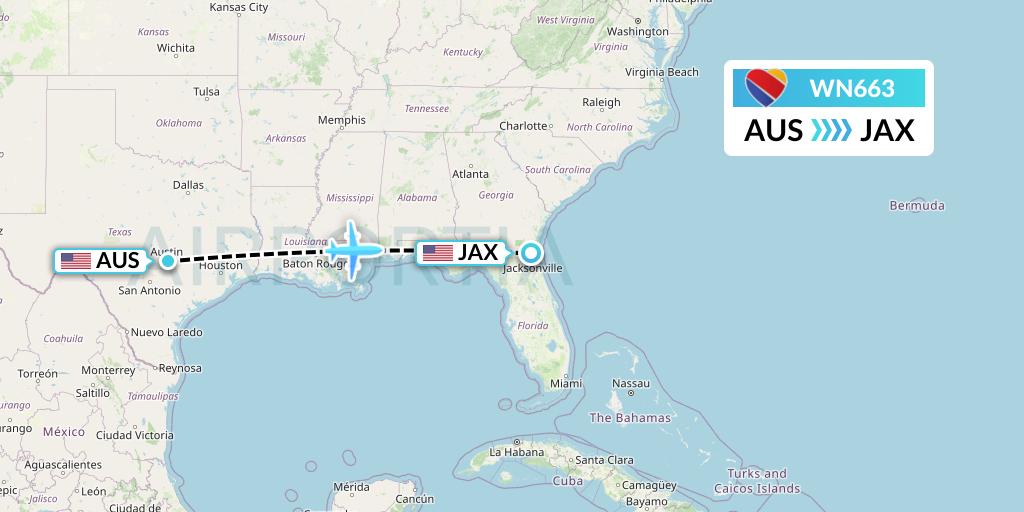 WN663 Southwest Airlines Flight Map: Austin to Jacksonville