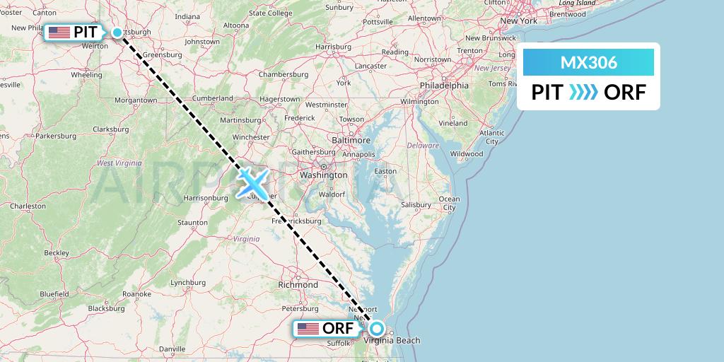 MX306 Breeze Airways Flight Map: Pittsburgh to Norfolk