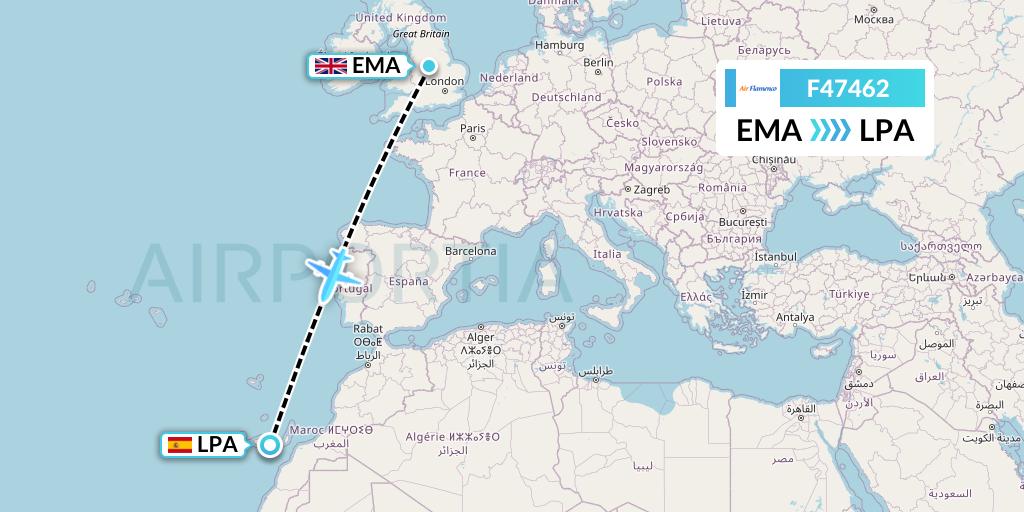 F47462 Air Flamenco Flight Map: East Midlands to Las Palmas