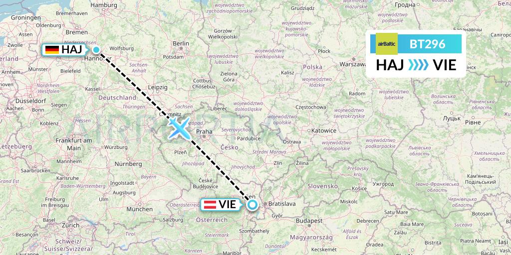 BT296 Air Baltic Flight Map: Hannover to Vienna