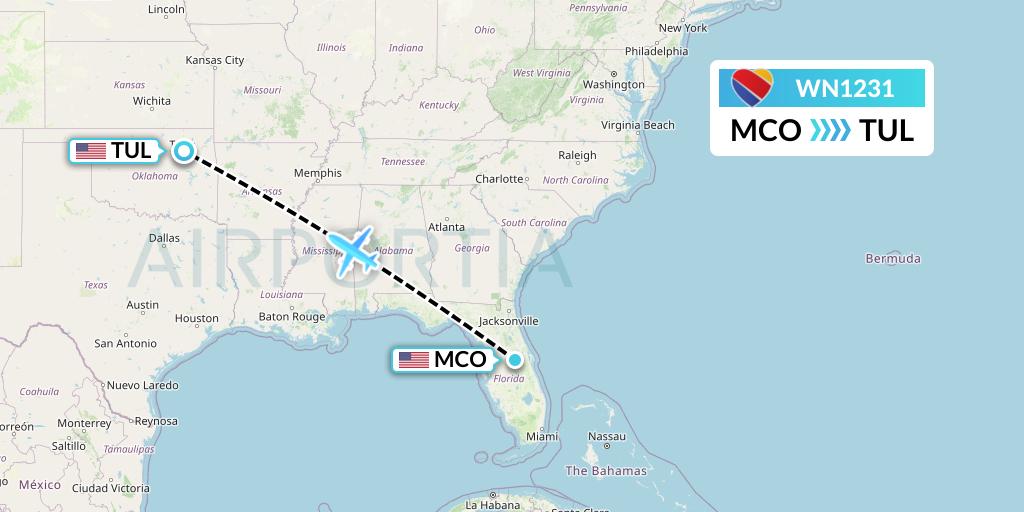 WN1231 Southwest Airlines Flight Map: Orlando to Tulsa