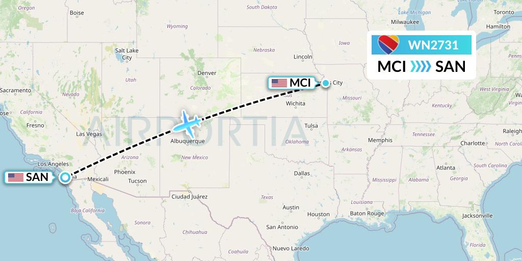 WN2731 Southwest Airlines Flight Map: Kansas City to San Diego