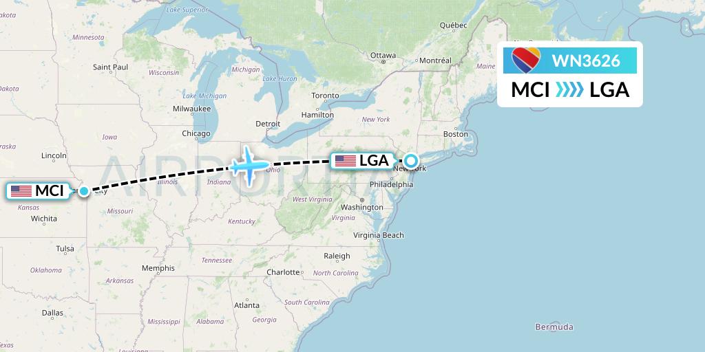 WN3626 Southwest Airlines Flight Map: Kansas City to New York