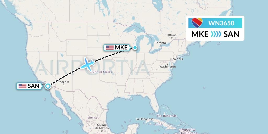 WN3650 Southwest Airlines Flight Map: Milwaukee to San Diego