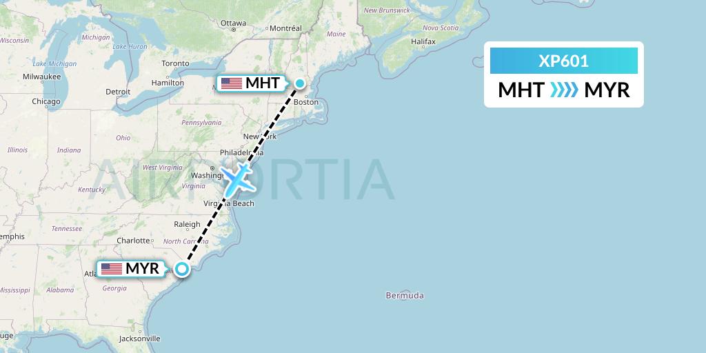 XP601 Avelo Airlines Flight Map: Manchester to Myrtle Beach