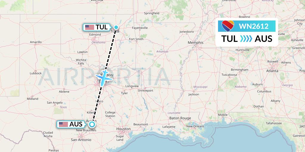WN2612 Southwest Airlines Flight Map: Tulsa to Austin