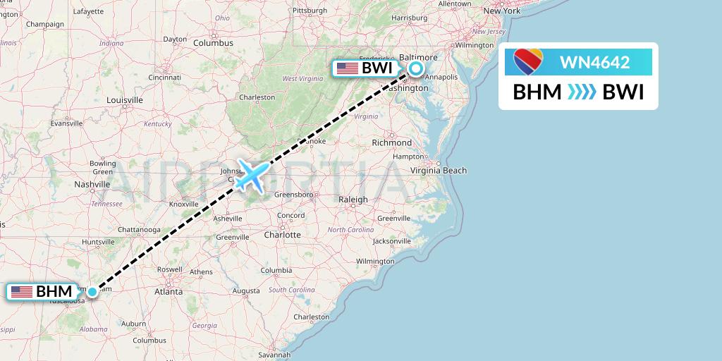 WN4642 Southwest Airlines Flight Map: Birmingham to Baltimore