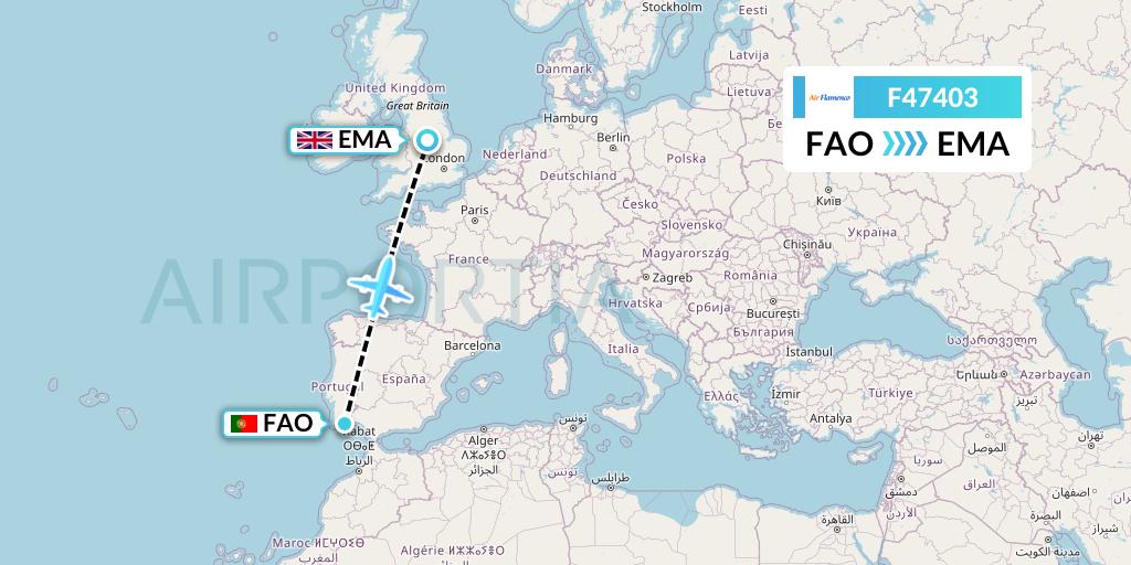 F47403 Air Flamenco Flight Map: Faro to East Midlands