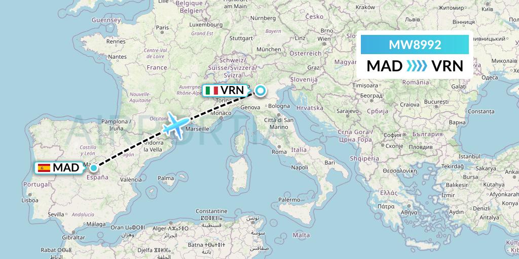 MW8992 Mokulele Flight Service Flight Map: Madrid to Verona