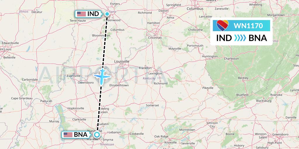 WN1170 Southwest Airlines Flight Map: Indianapolis to Nashville