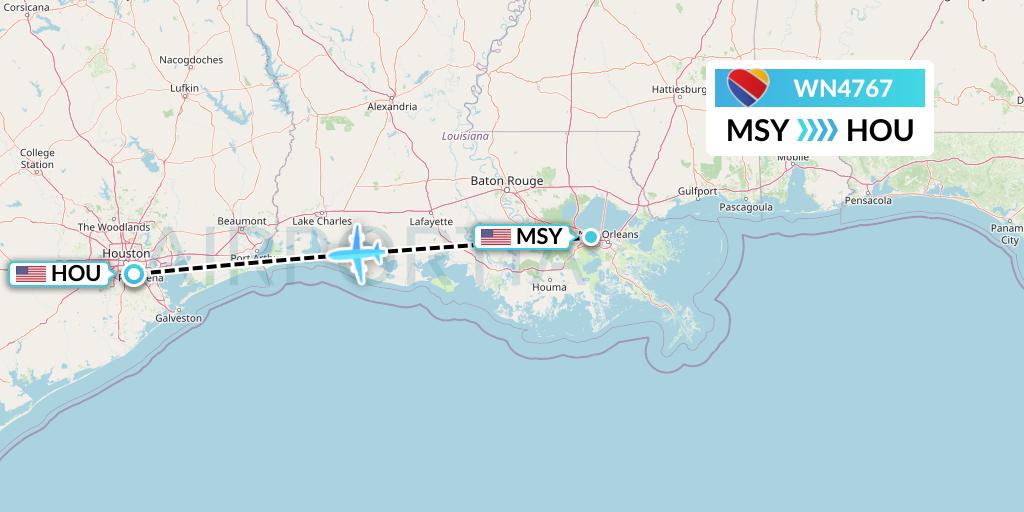 WN4767 Southwest Airlines Flight Map: New Orleans to Houston