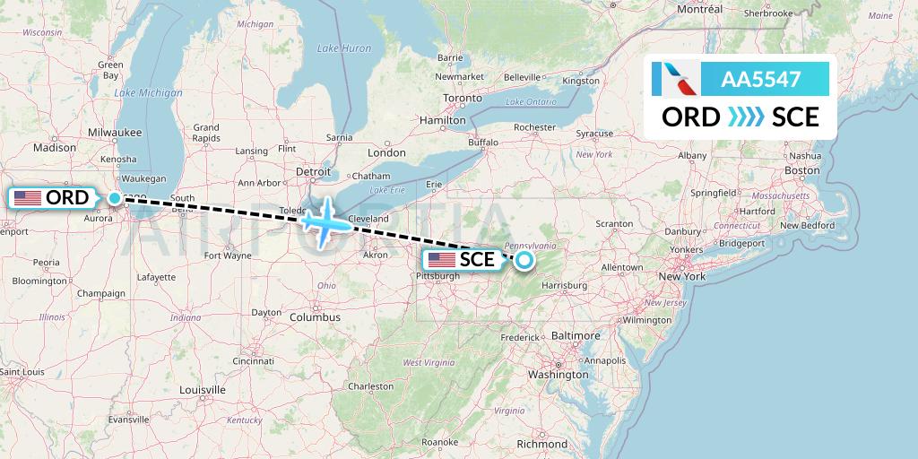 AA5547 American Airlines Flight Map: Chicago to State College