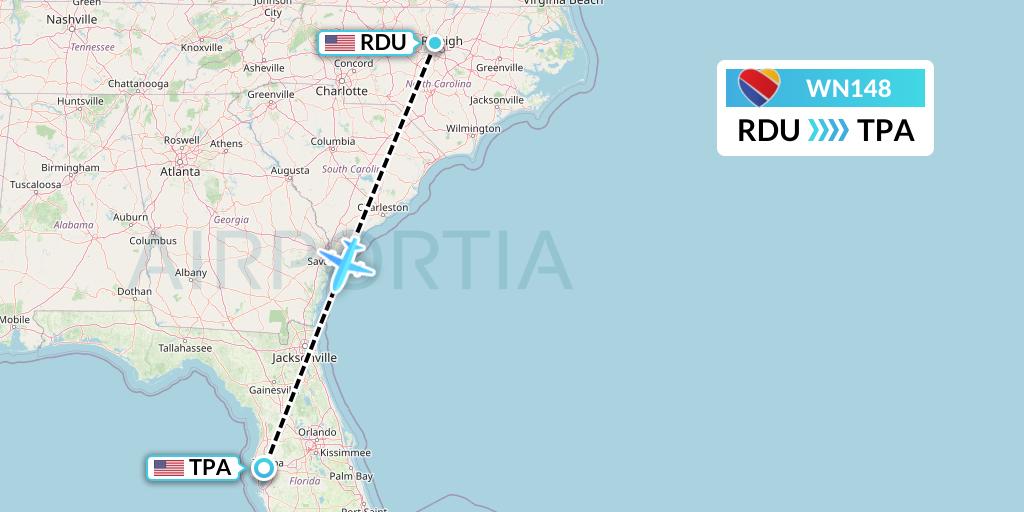 WN148 Southwest Airlines Flight Map: Raleigh-Durham to Tampa