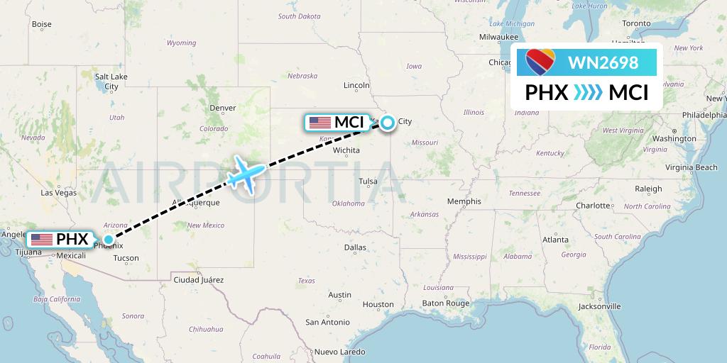 WN2698 Southwest Airlines Flight Map: Phoenix to Kansas City