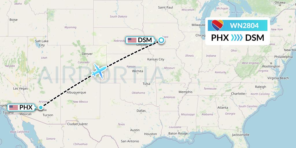 WN2804 Southwest Airlines Flight Map: Phoenix to Des Moines