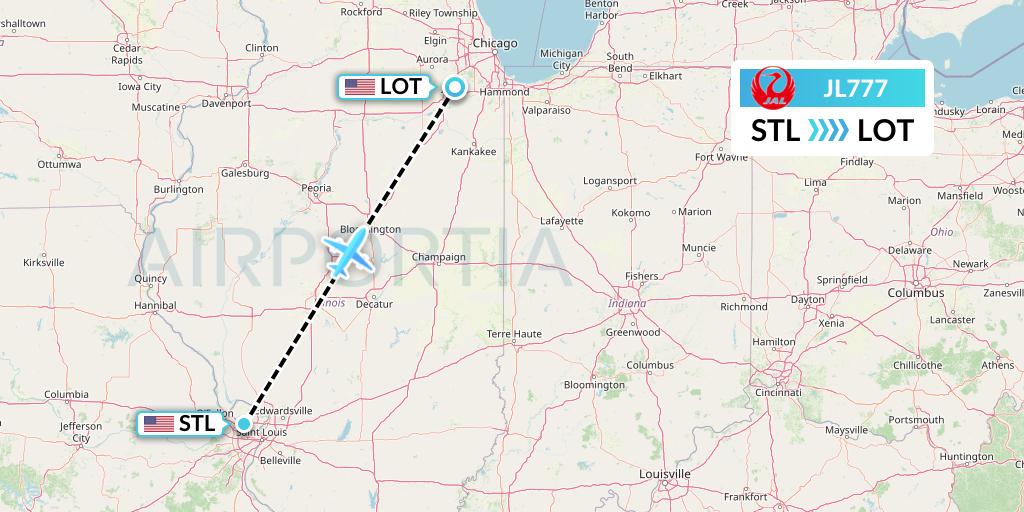 JL777 Japan Airlines Flight Map: St. Louis to Romeoville