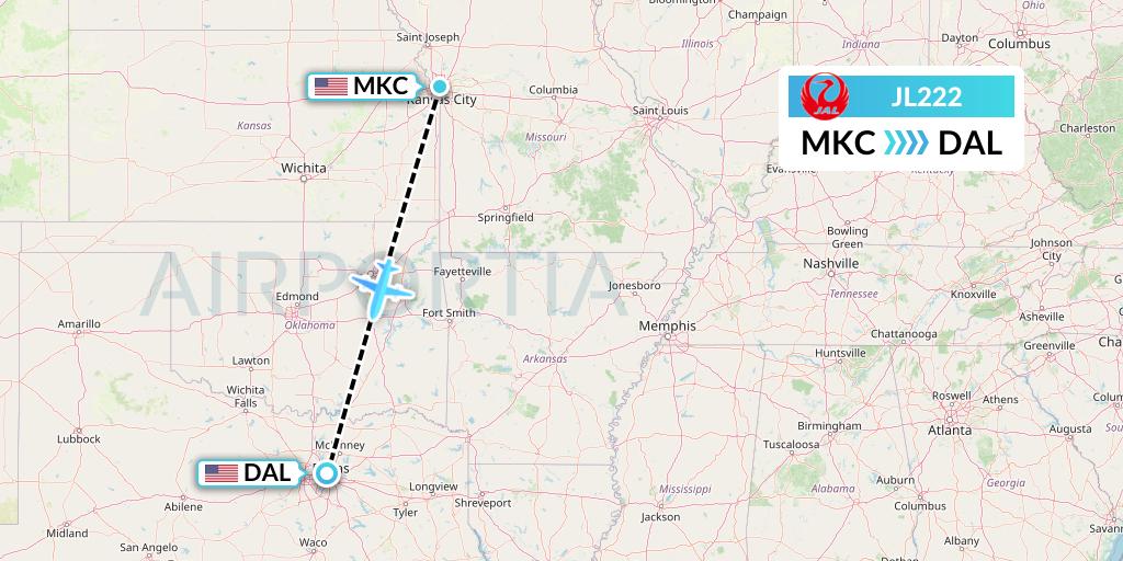 JL222 Japan Airlines Flight Map: Kansas City to Dallas
