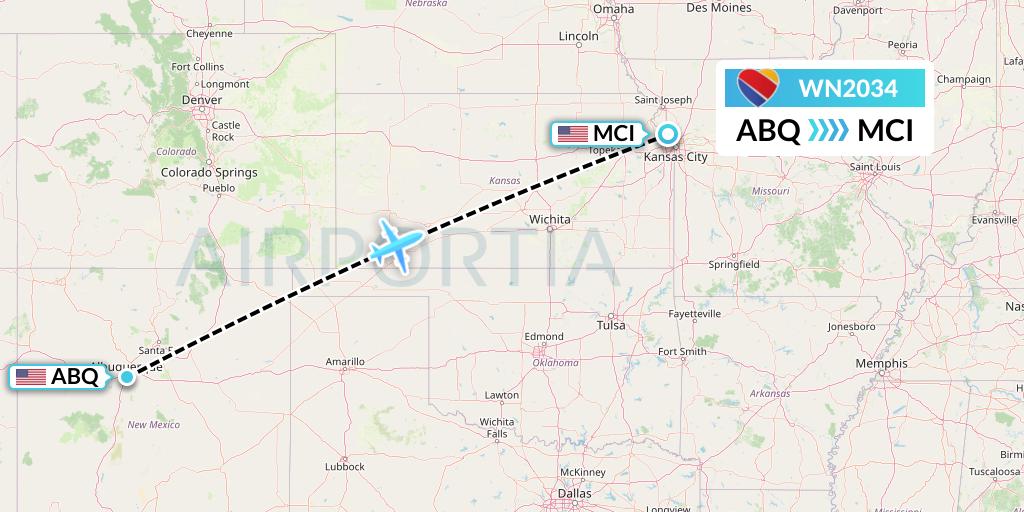 WN2034 Southwest Airlines Flight Map: Albuquerque to Kansas City