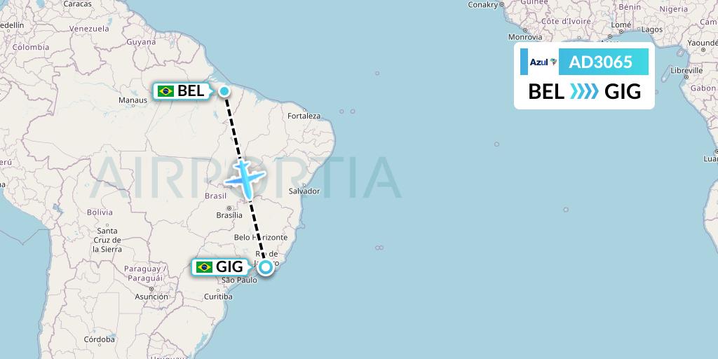 AD3065 Azul Brazilian Airlines Flight Map: Belem to Rio de Janeiro