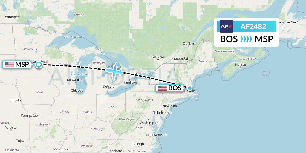 AF2482 Air France Flight Map: Boston to Minneapolis