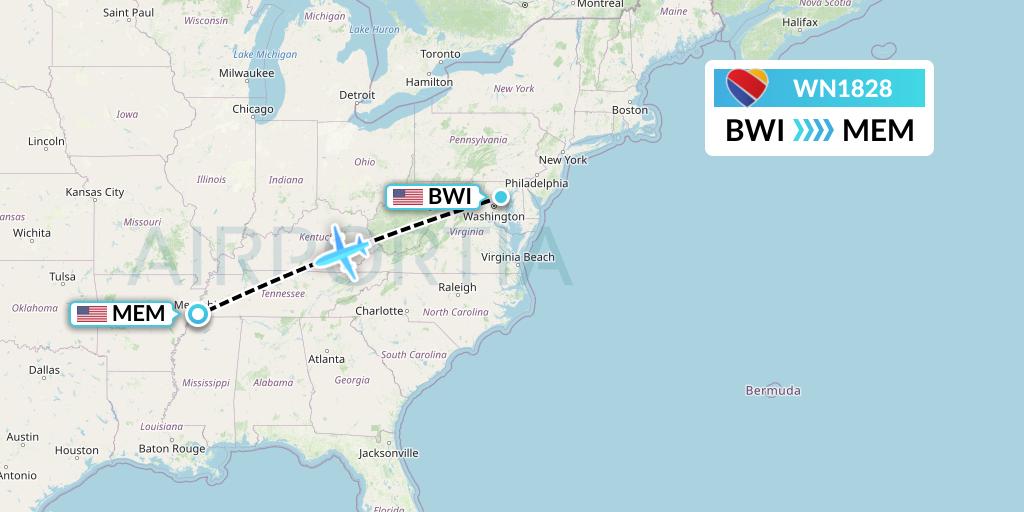 WN1828 Southwest Airlines Flight Map: Baltimore to Memphis