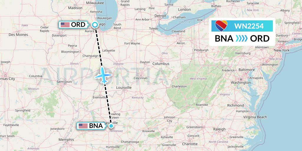 WN2254 Southwest Airlines Flight Map: Nashville to Chicago