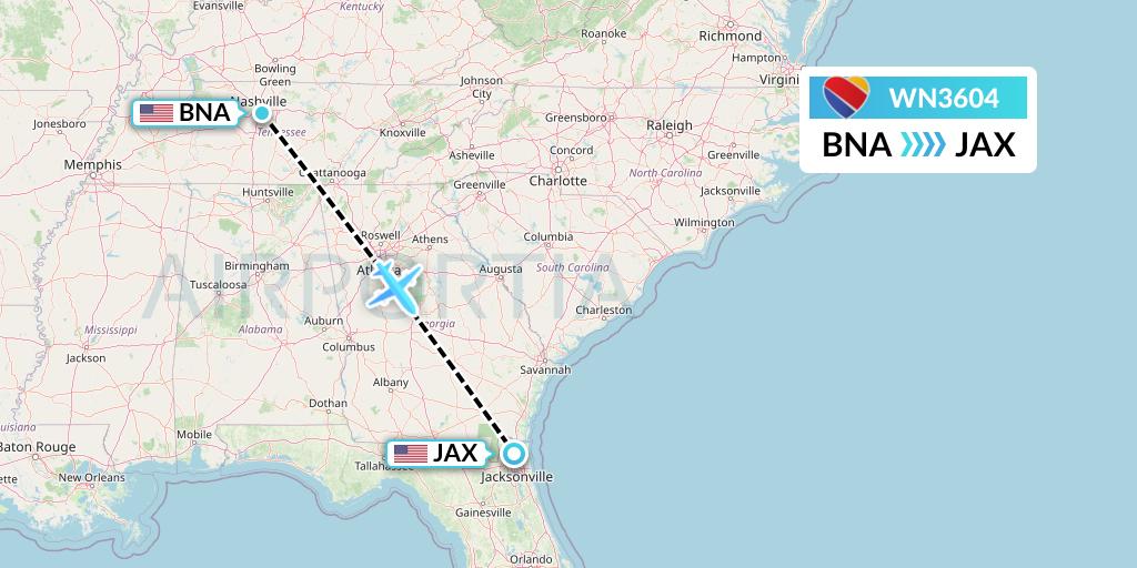 WN3604 Southwest Airlines Flight Map: Nashville to Jacksonville