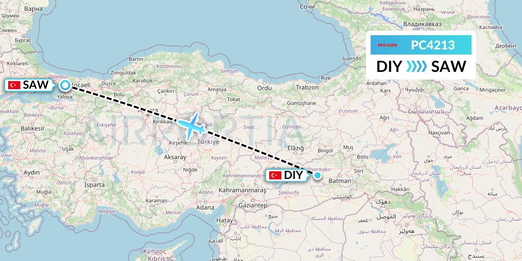 PC4213 Pegasus Airlines Flight Map: Diyarbakir to Istanbul