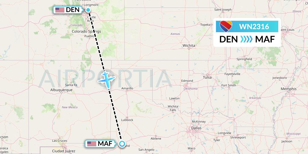 WN2316 Southwest Airlines Flight Map: Denver to Midland