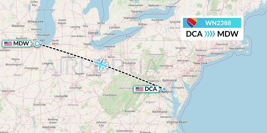 WN2388 Southwest Airlines Flight Map: Washington to Chicago