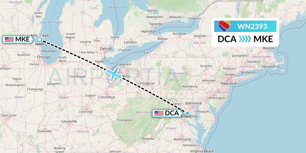WN2393 Southwest Airlines Flight Map: Washington to Milwaukee