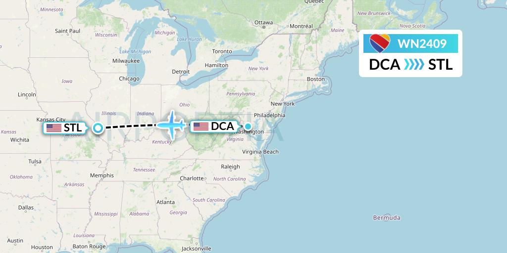 WN2409 Southwest Airlines Flight Map: Washington to St. Louis