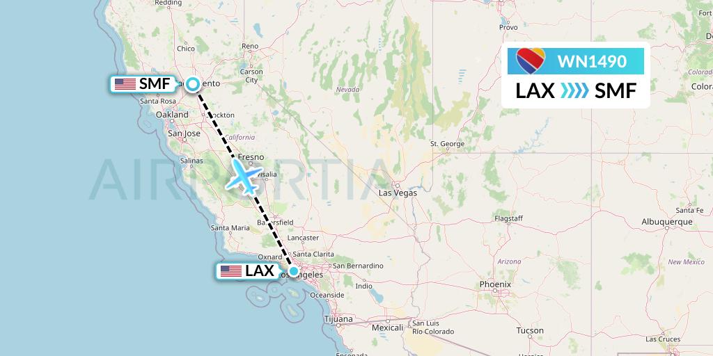 WN1490 Southwest Airlines Flight Map: Los Angeles to Sacramento