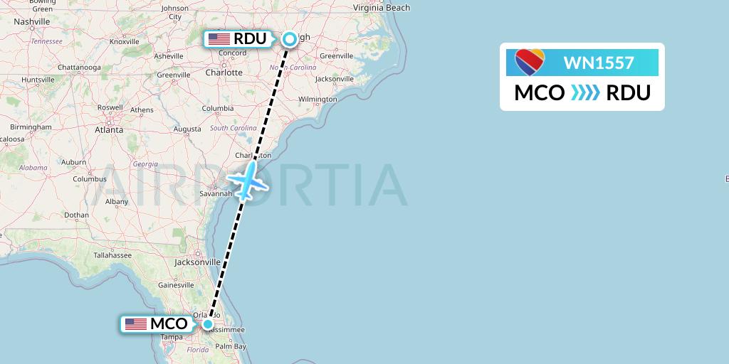 WN1557 Southwest Airlines Flight Map: Orlando to Raleigh-Durham