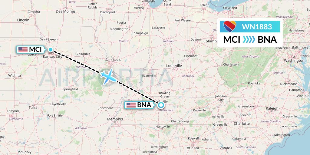 WN1883 Southwest Airlines Flight Map: Kansas City to Nashville