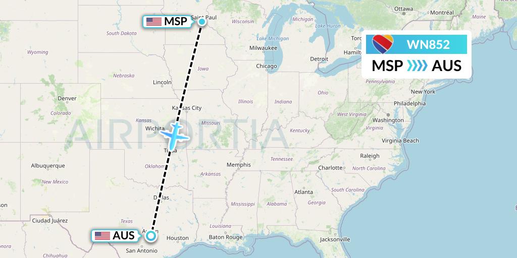 WN852 Southwest Airlines Flight Map: Minneapolis to Austin