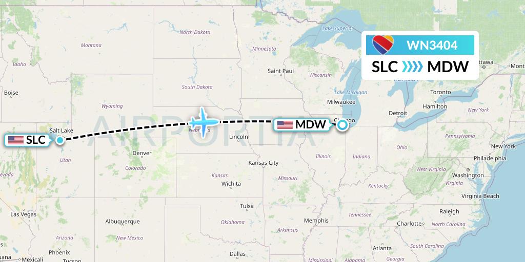 WN3404 Southwest Airlines Flight Map: Salt Lake City to Chicago
